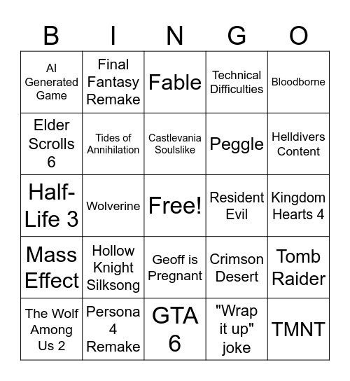 2025 Summer Game Fest Bingo Card