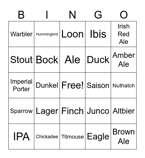 Bird and Beer BINGO Card