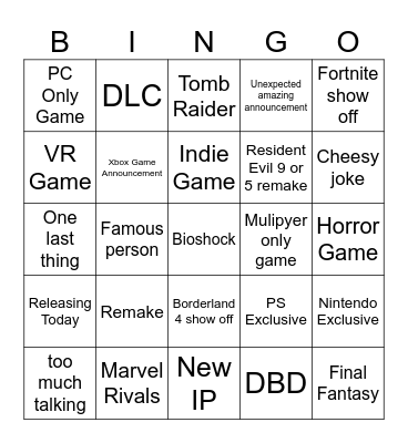 Summer Games Fest 2025 Bingo Card