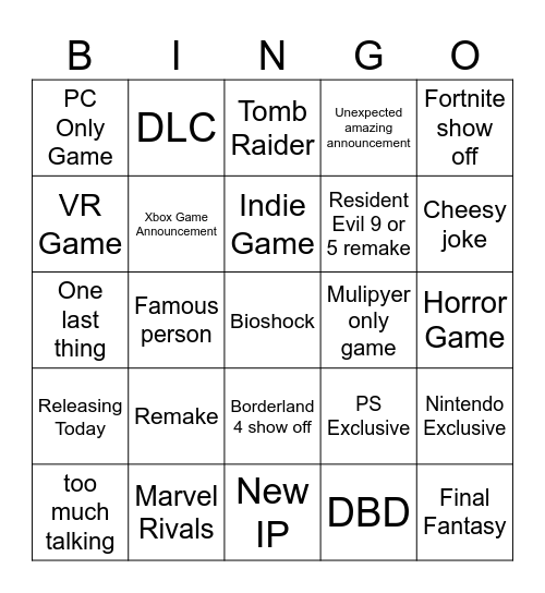 Summer Games Fest 2025 Bingo Card