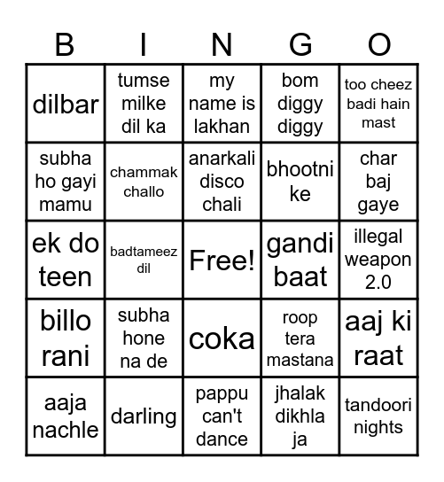 Bollywood Bingo Card