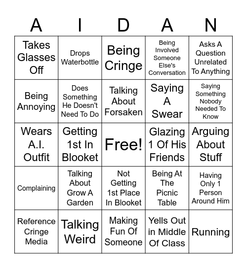 Aidan Cringe Bingo Card