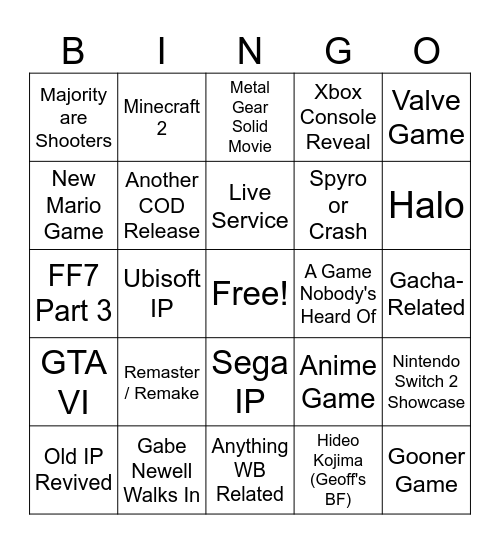 Summer Game Fest Bingo Card