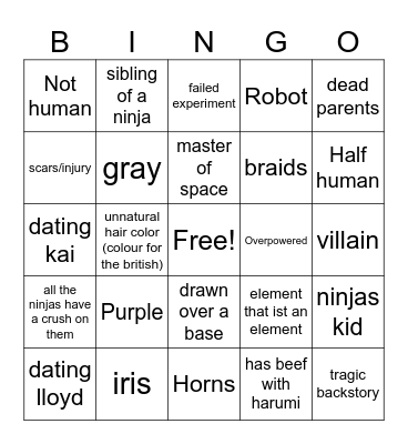 Ninjago oc bingo Card