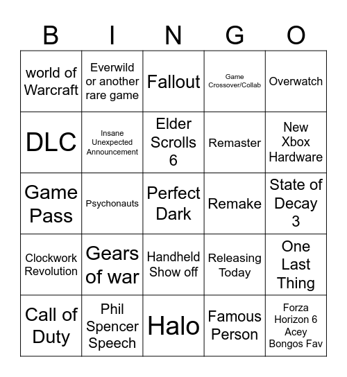 Xbox Showcase 2025 Bingo Card