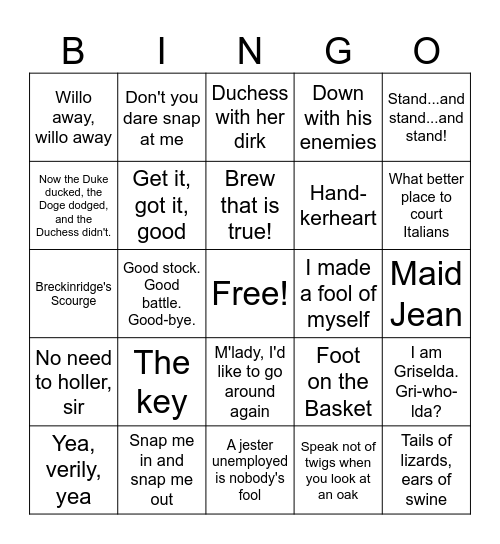 The Court Jester Bingo Card