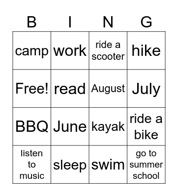 Summer Activities Bingo Card