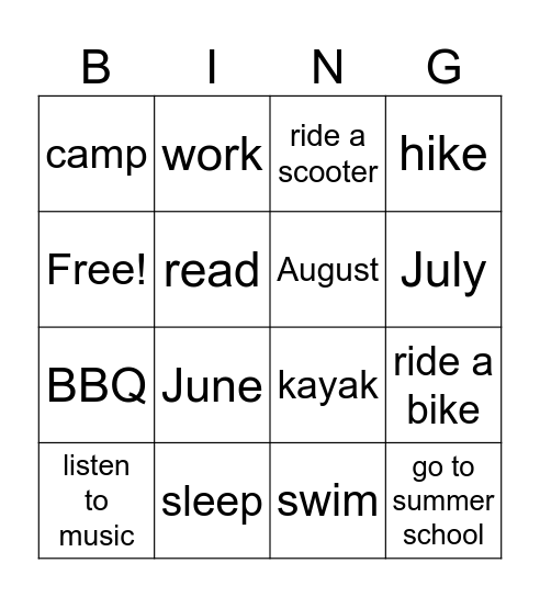 Summer Activities Bingo Card