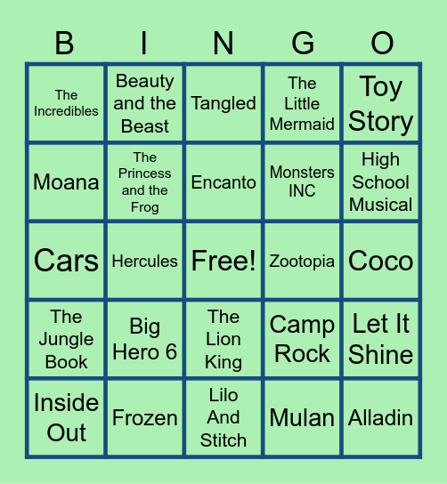 Disney Music Bingo Card