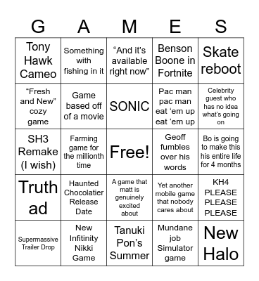 Summer Game Fest Bingo Card