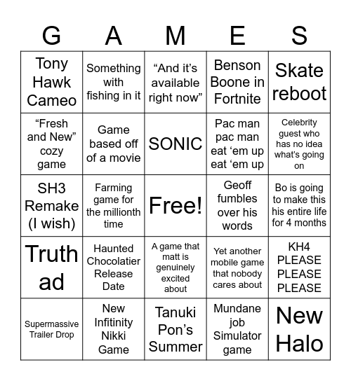 Summer Game Fest Bingo Card