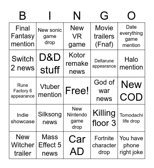 Game Fest Bingo Card