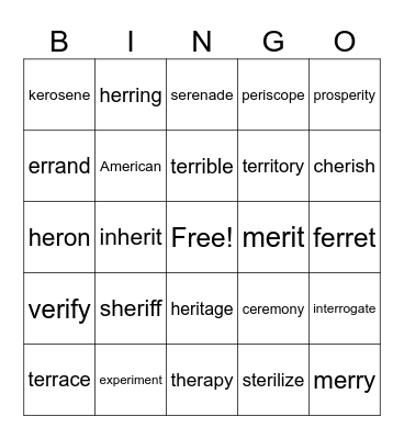 -er, -err Bingo Card