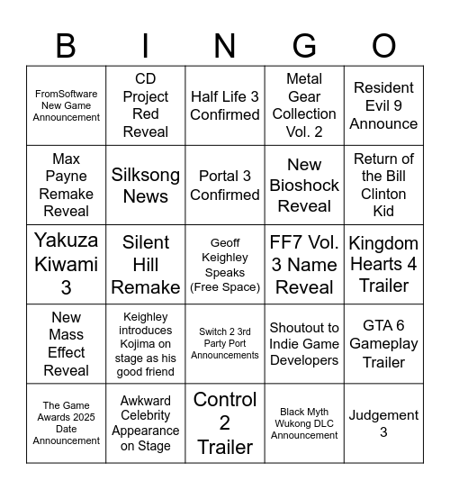Summer Games Fest 2025 Bingo Card