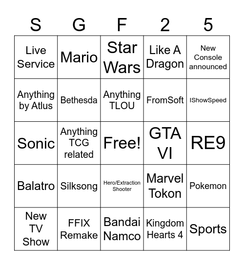 Summer Games Fest 2025 Bingo Card
