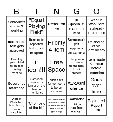 BI Group Grooming Bingo Card