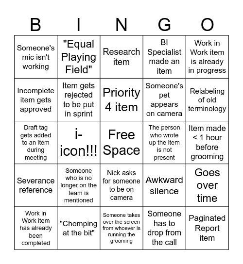 BI Group Grooming Bingo Card