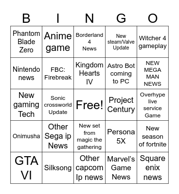 Summer Game Fest 2025 Bingo Card