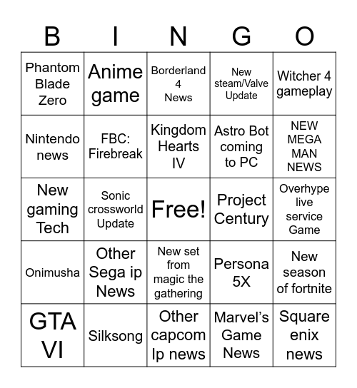 Summer Game Fest 2025 Bingo Card