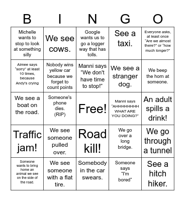 Car trip bingo Card