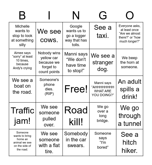 Car trip bingo Card