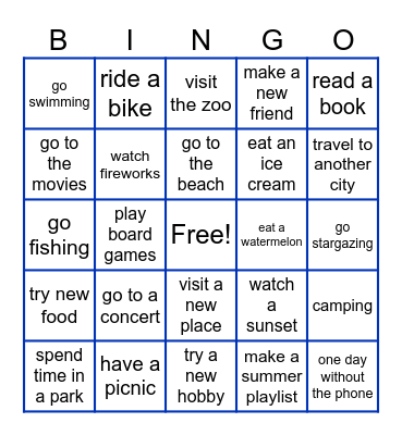 Summer Holidays Bingo Card