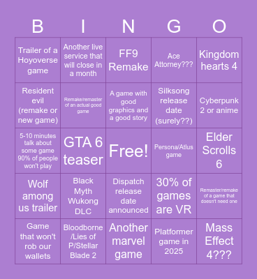Alith's Summer Game Fest Bingo Card