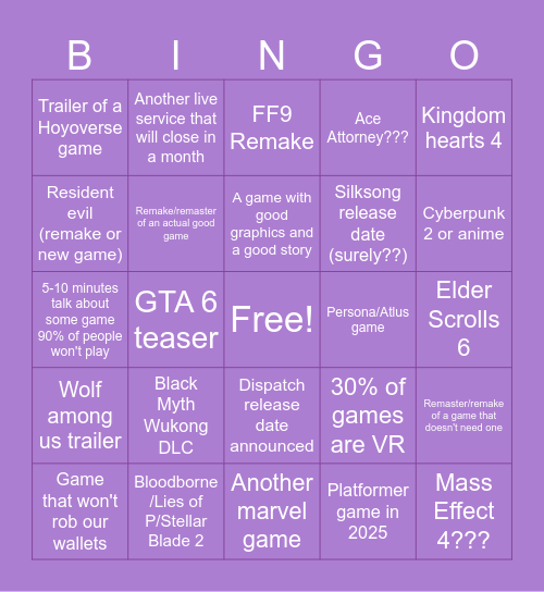 Alith's Summer Game Fest Bingo Card