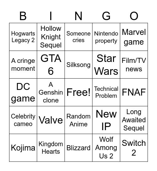 Bingo Card - Summer Game Fest 2025 Bingo Card