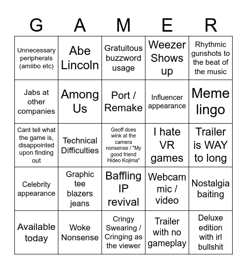Geoff Fest / Gamer Christmas in July (june) Bingo Card