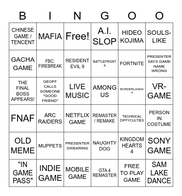 Summer Game Fest 2025 Bingo Card