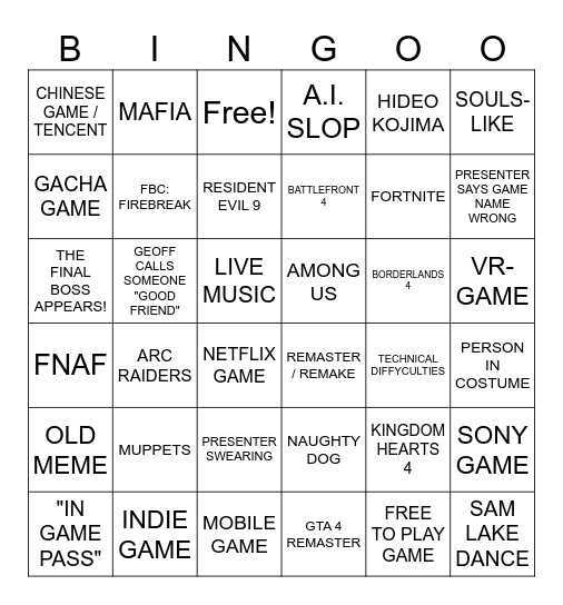 Summer Game Fest 2025 Bingo Card