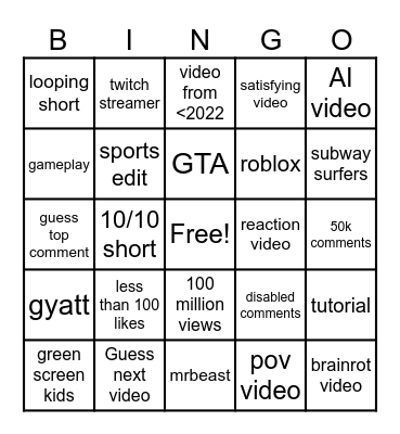 YouTube shorts bingo Card