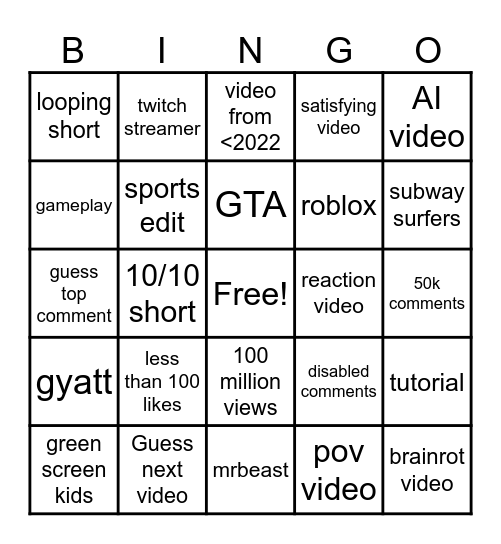 YouTube shorts bingo Card