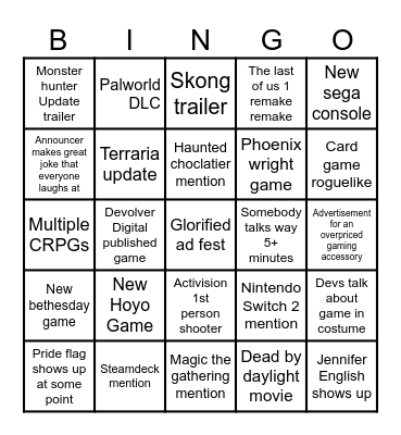 Summer game fest Bingo Card