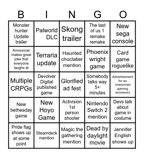 Summer game fest Bingo Card