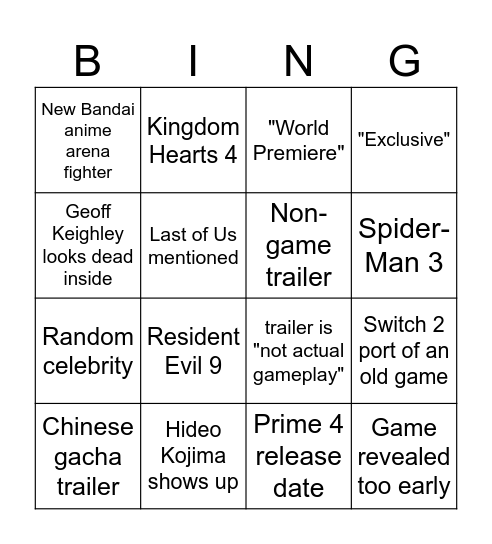 Summer Game Fest 2025 Bingo Card