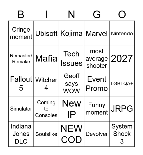 Summer Game Fest 2025 Bingo Card