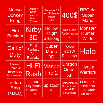 Nintendo Direct Nintendo Switch 2 Bingo Card