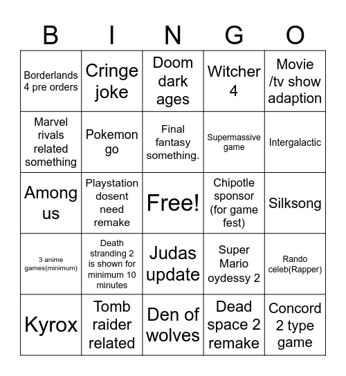 Summer games fest Bingo Card