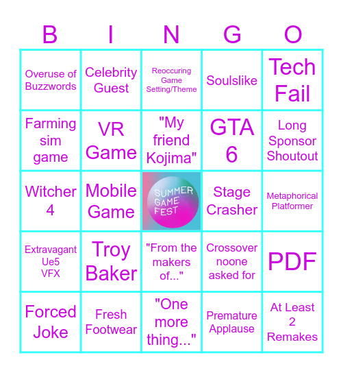 Summer Game Fest 2025 Bingo Card