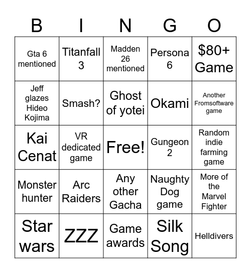 Summer Game Fest 2025 Bingo Card