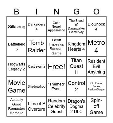 Summer Game Fest 2025 Bingo Card