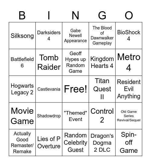 Summer Game Fest 2025 Bingo Card