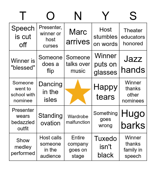 2025 Tony Awards Bingo Card