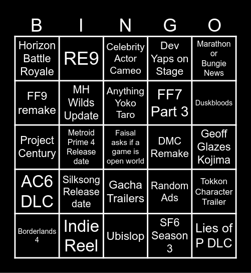 Summer Games Fest Bingo Card