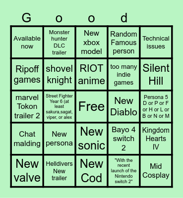 Summer Game Fest 2025 Bingo Card