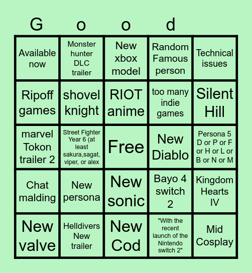 Summer Game Fest 2025 Bingo Card
