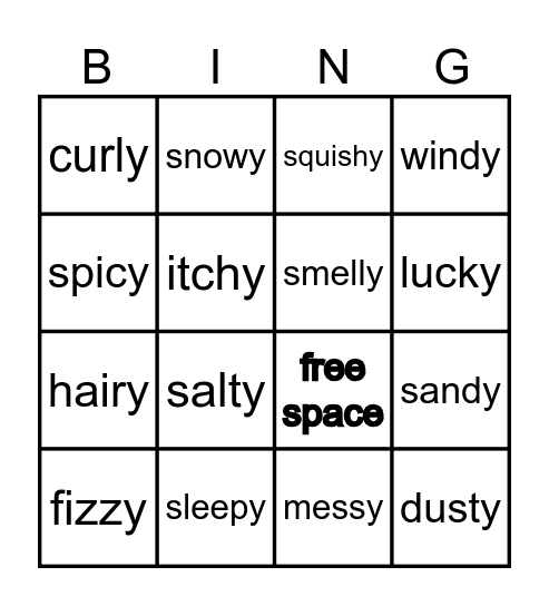 Suffix -y Bingo Card