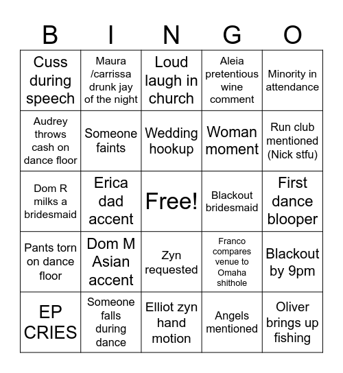 EP WEDDING Bingo Card